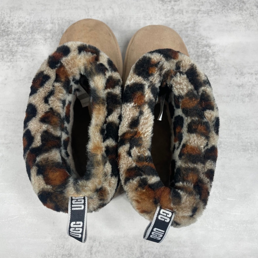 UGG Boots Womens 8 Fluff Mini Quilted Leopard Short Chestnut Tan Sheepskin - Picture 11 of 12